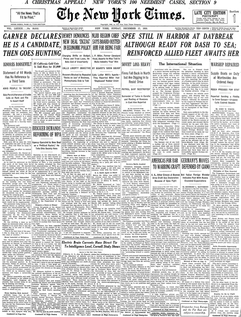 Sunday, December 17, 1939 – The New York Times Front Page
