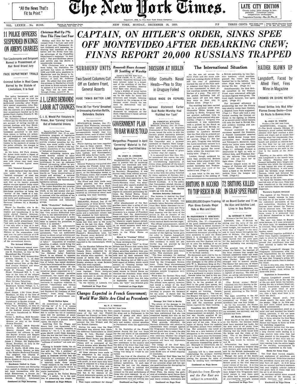 Monday, December 18, 1939 – The New York Times Front Page