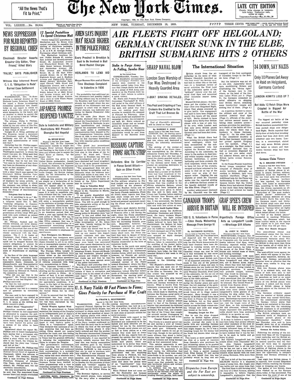 Tuesday, December 19, 1939 – The New York Times Front Page