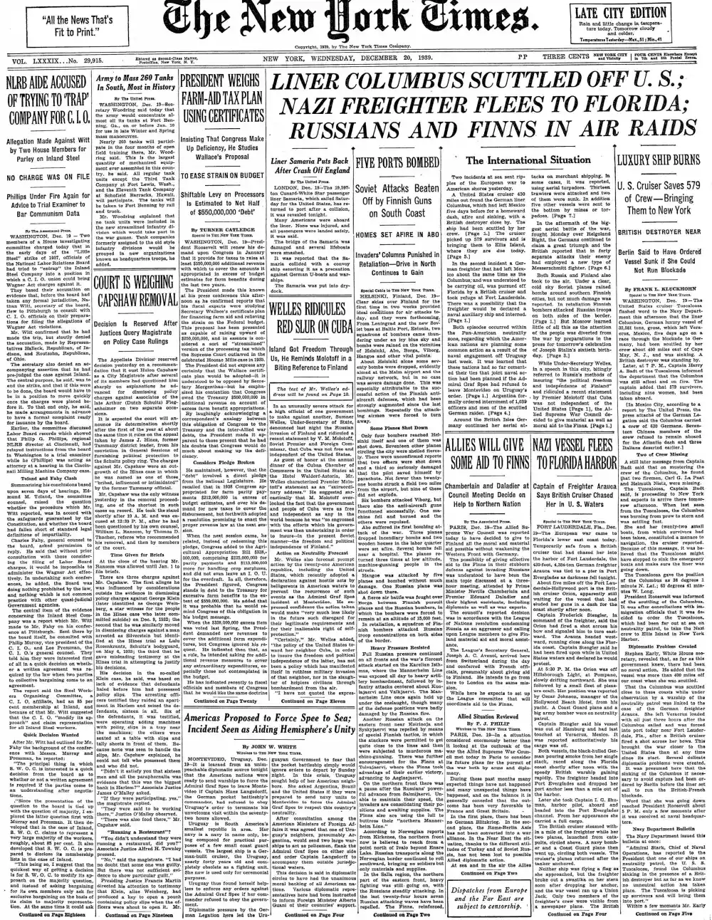 Wednesday, December 20, 1939 – The New York Times Front Page