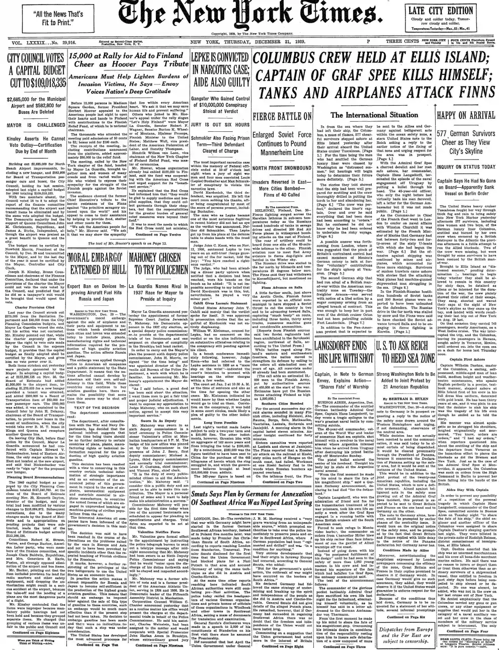 Thursday, December 21, 1939 – The New York Times Front Page