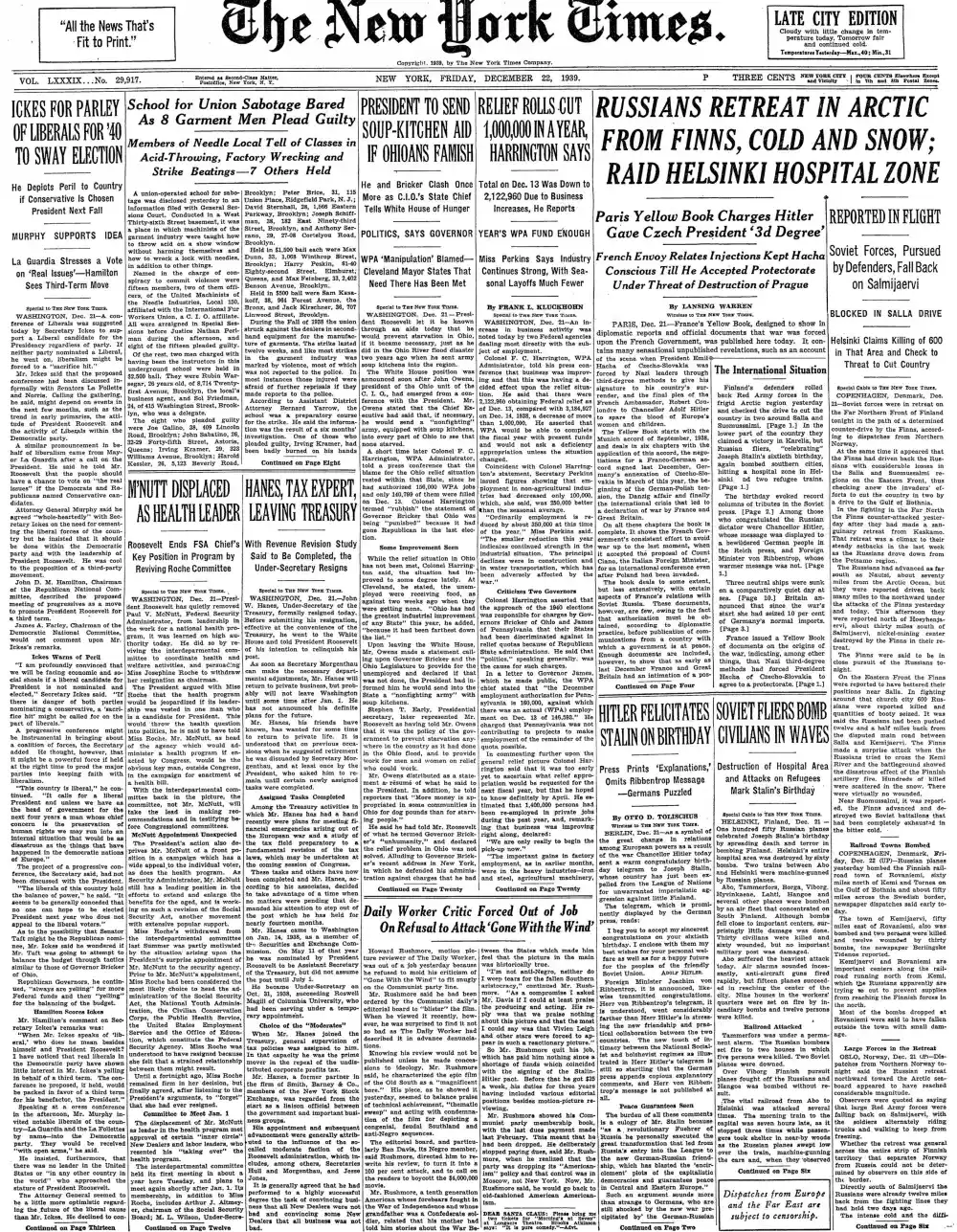 Friday, December 22, 1939 – The New York Times Front Page