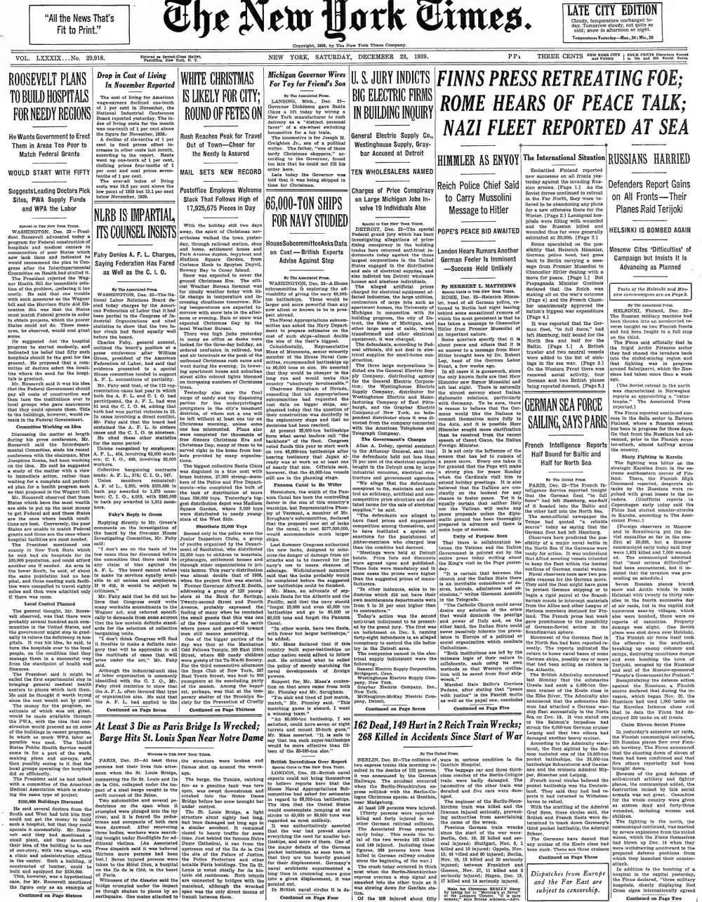 Saturday, December 23, 1939 – The New York Times Front Page