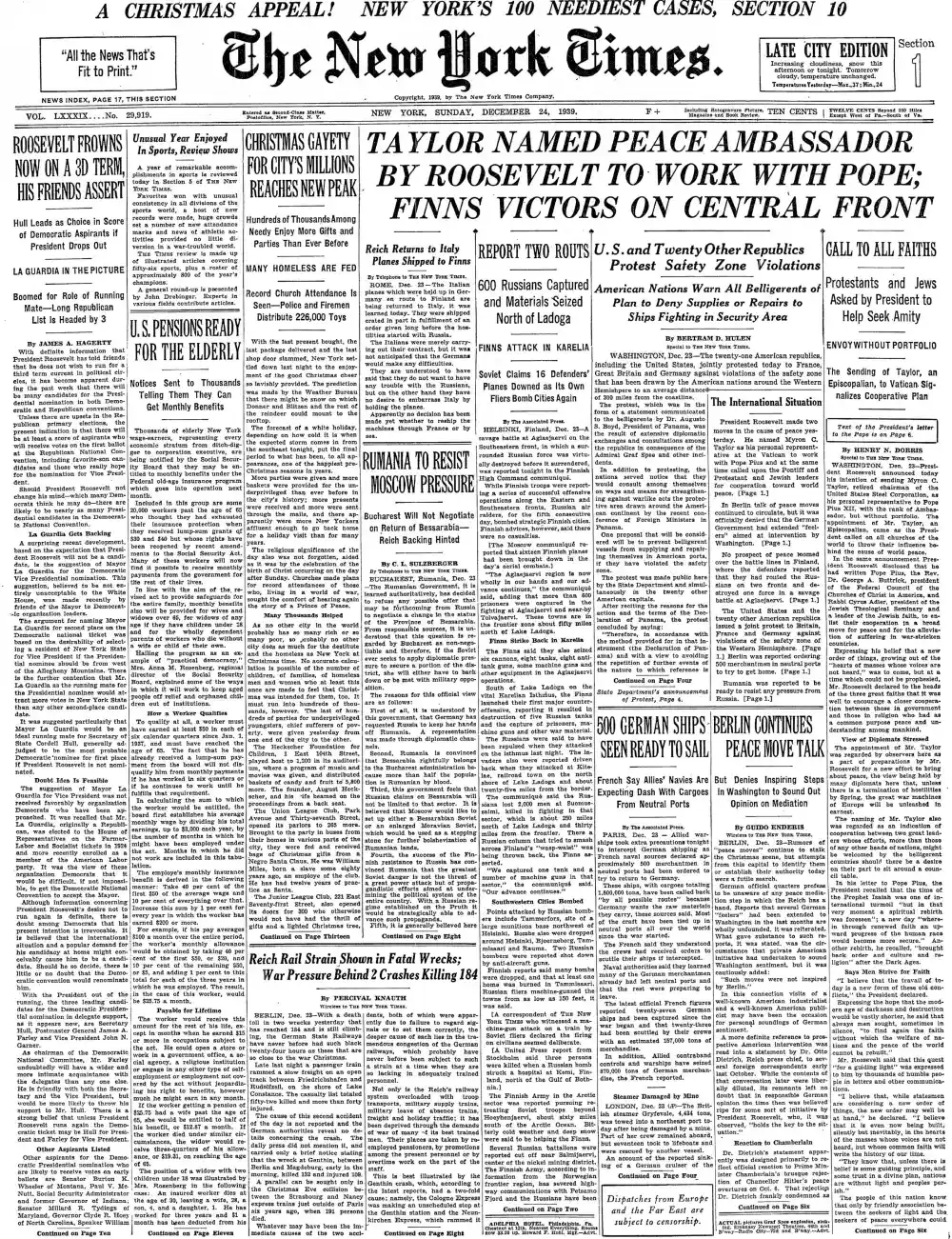 Sunday, December 24, 1939 – The New York Times Front Page