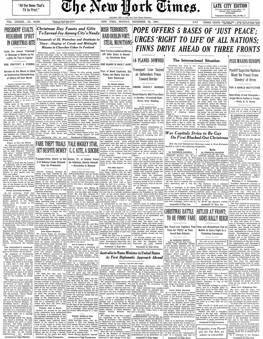 Monday, December 25, 1939 – The New York Times Front Page
