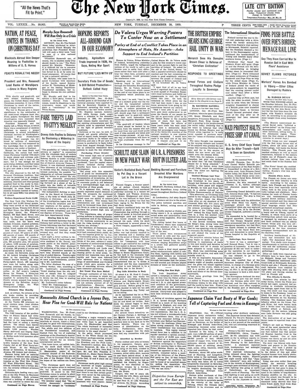 Tuesday, December 26, 1939 – The New York Times Front Page