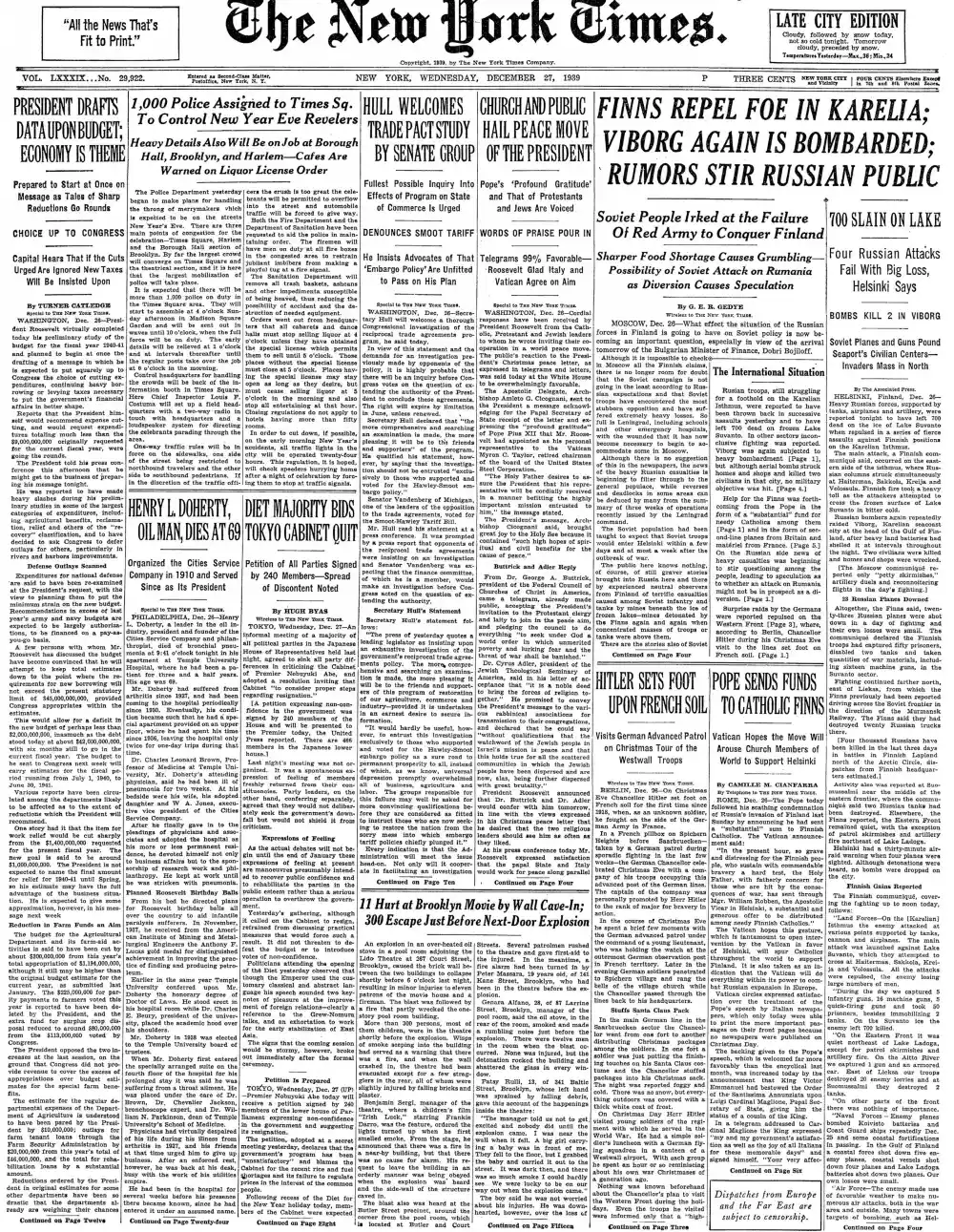 Wednesday, December 27, 1939 – The New York Times Front Page
