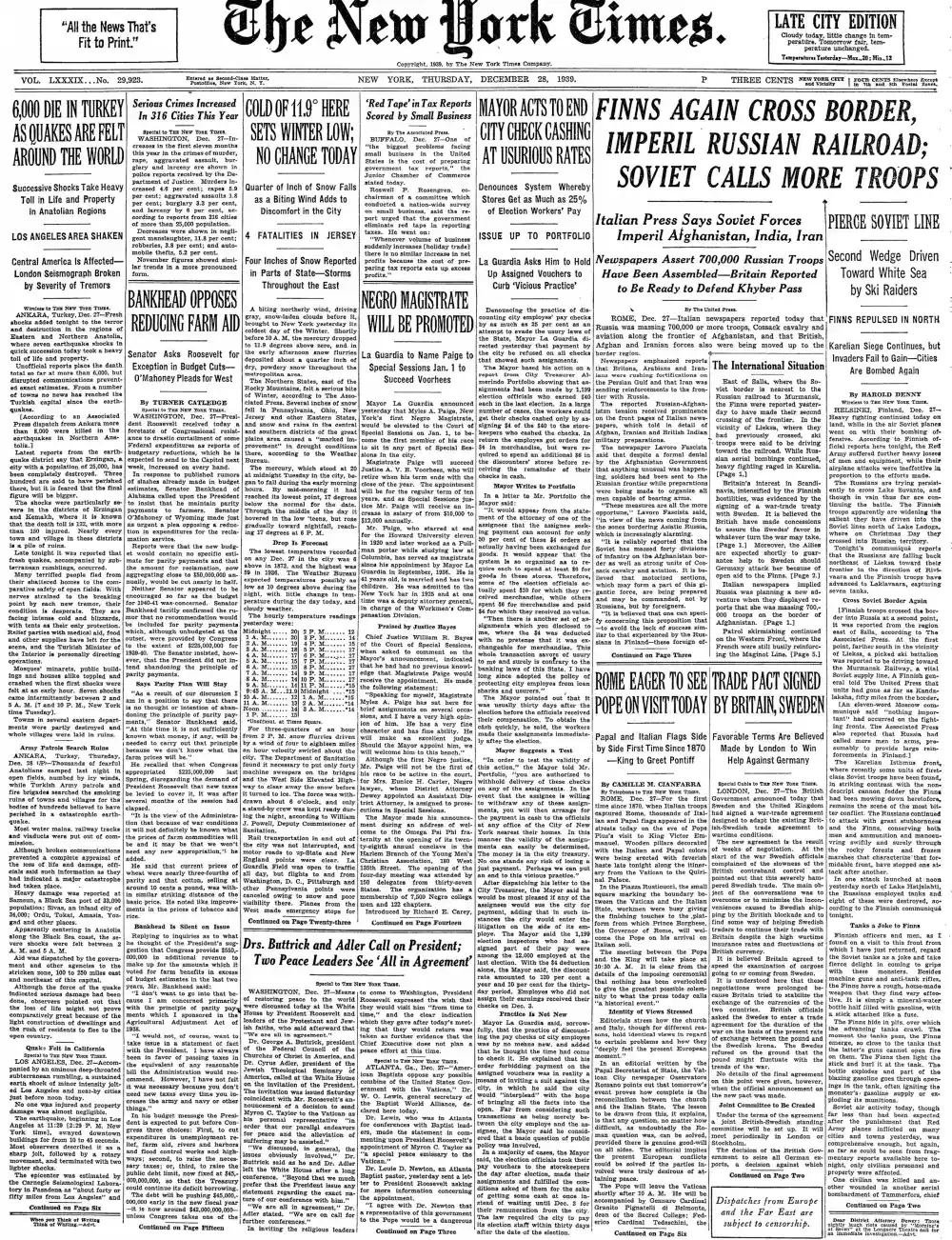 Thursday, December 28, 1939 – The New York Times Front Page