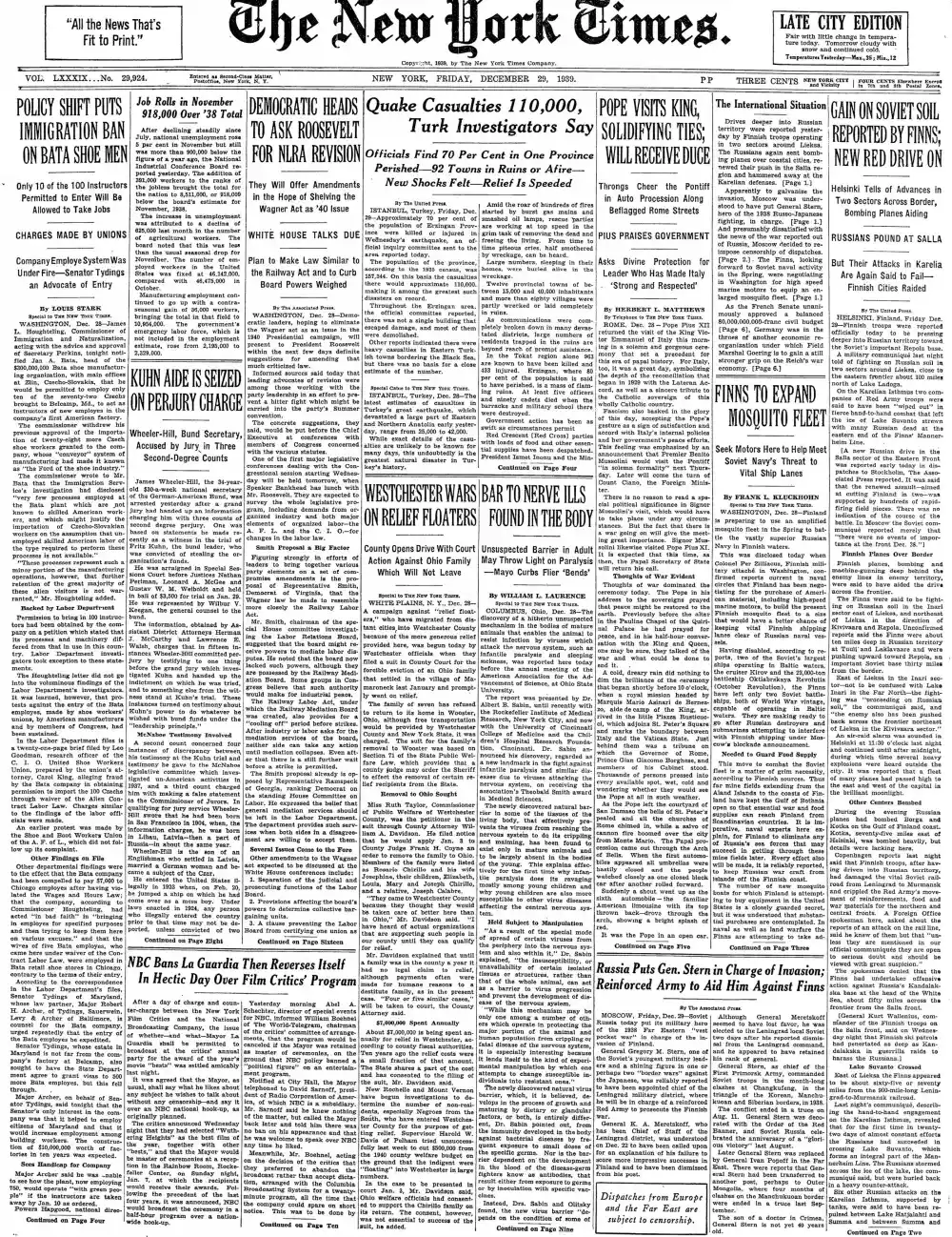 Friday, December 29, 1939 – The New York Times Front Page