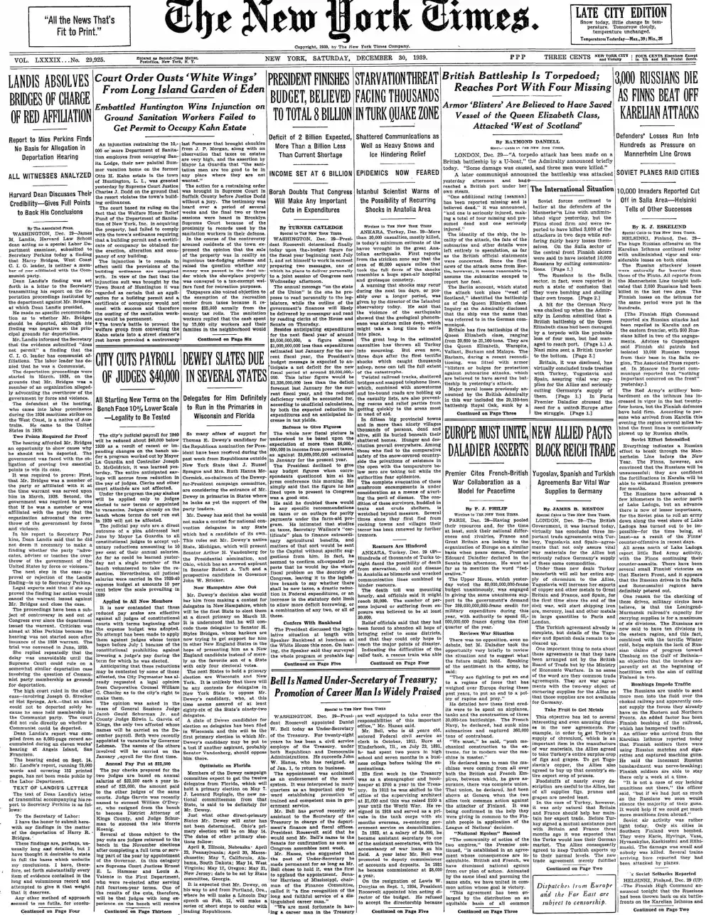 Saturday, December 30, 1939 – The New York Times Front Page