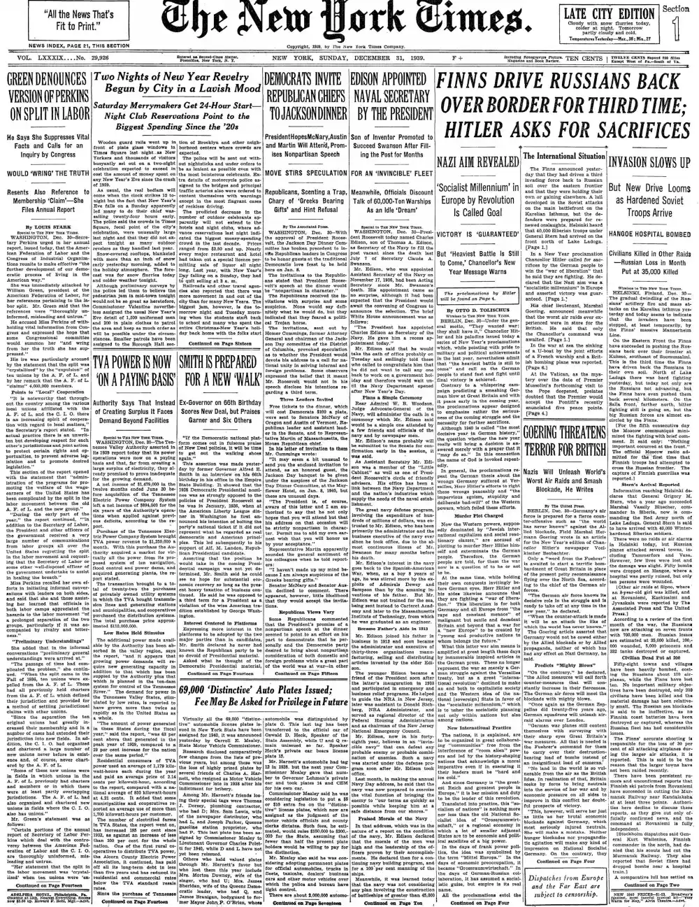 Sunday, December 31, 1939 – The New York Times Front Page