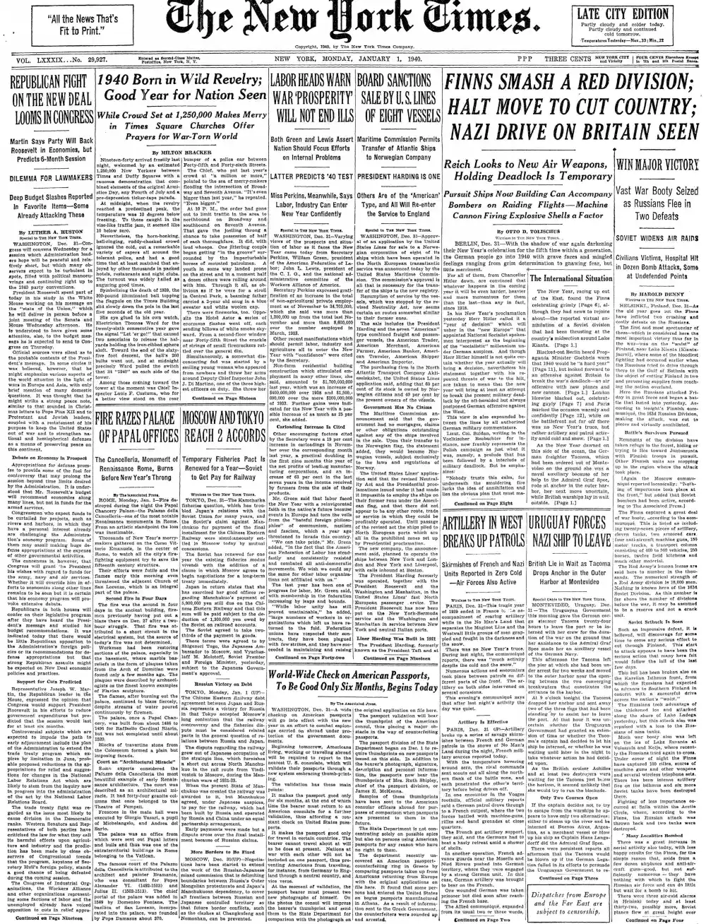 Monday, January 1, 1940 – The New York Times Front Page