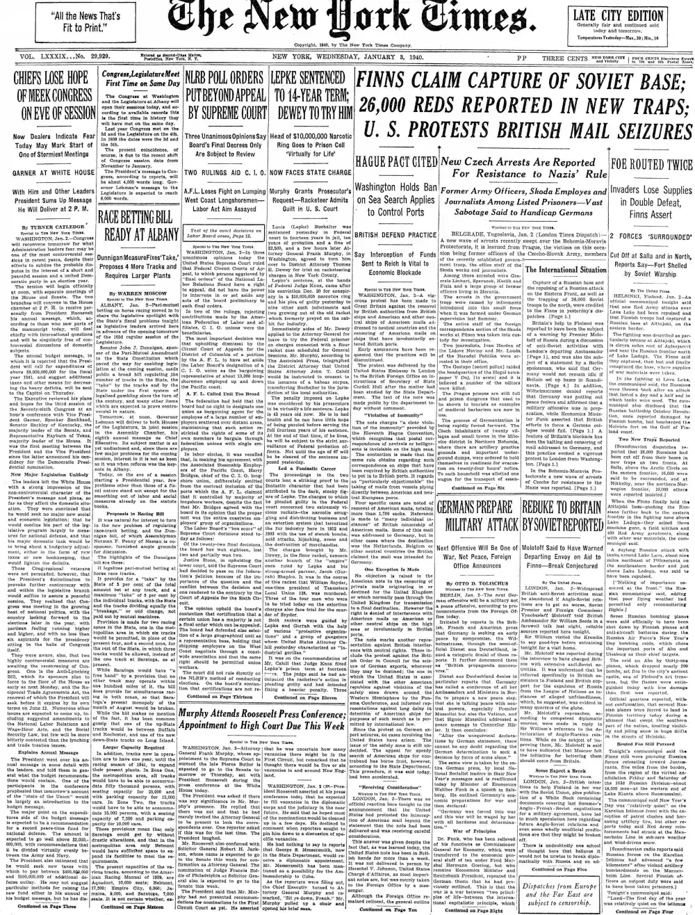 Wednesday, January 3, 1940 – The New York Times Front Page