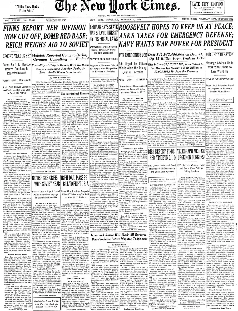 Thursday, January 4, 1940 – The New York Times Front Page
