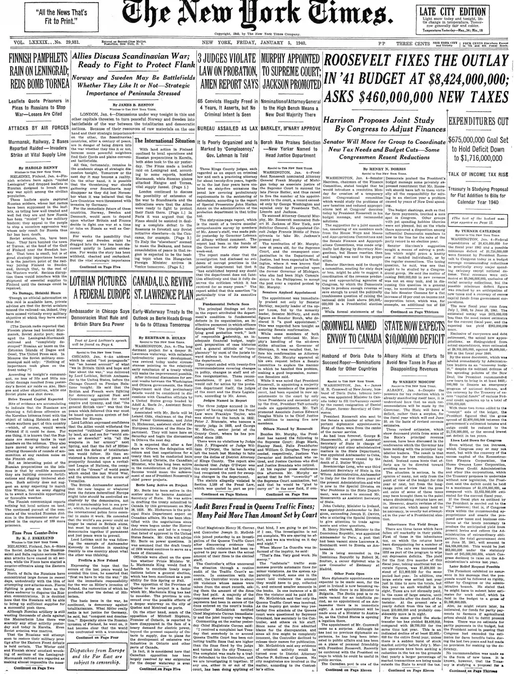 Friday, January 5, 1940 – The New York Times Front Page