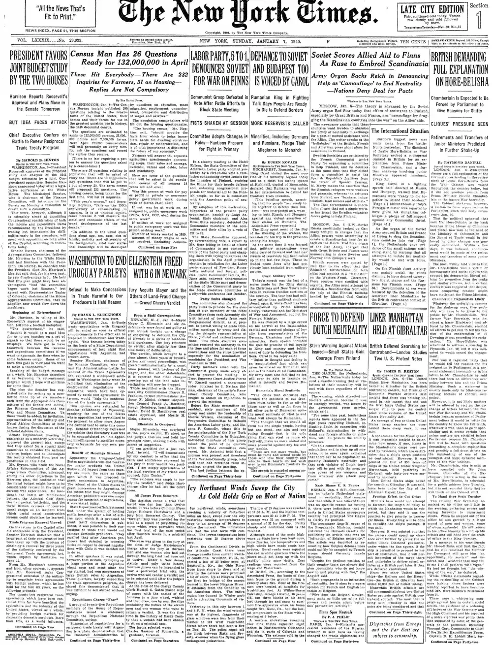 Sunday, January 7, 1940 – The New York Times Front Page