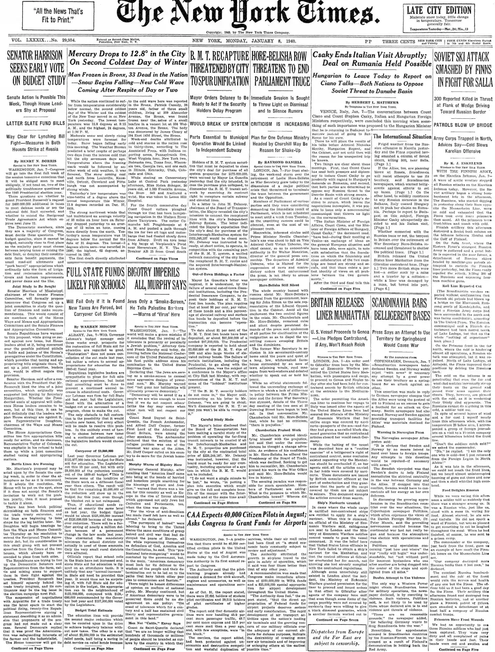 Monday, January 8, 1940 – The New York Times Front Page