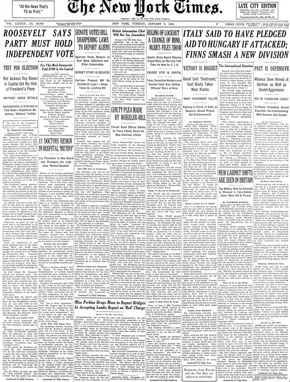 Tuesday, January 9, 1940 – The New York Times Front Page