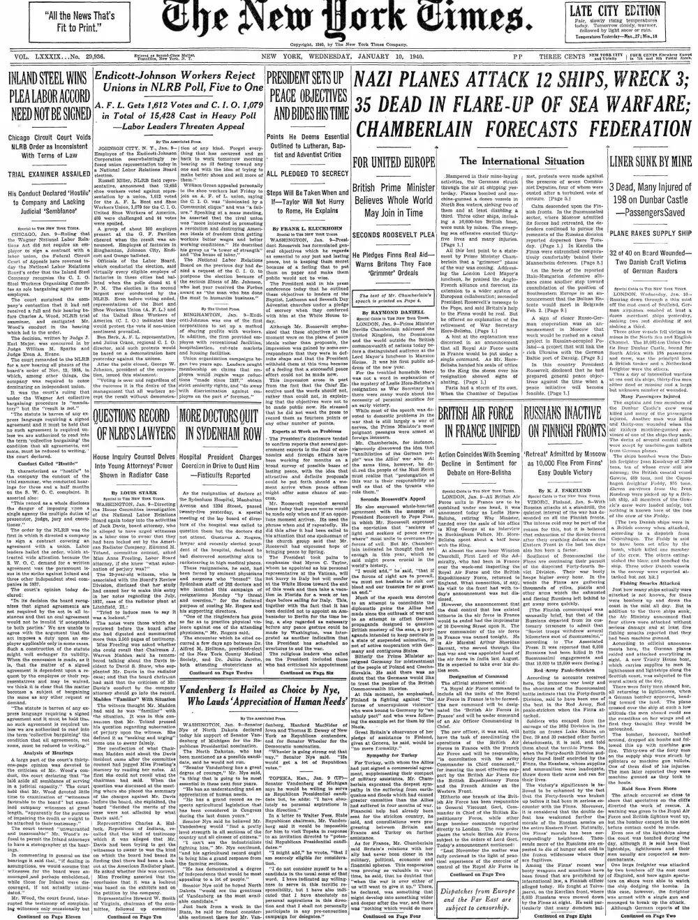 Wednesday, January 10, 1940 – The New York Times Front Page
