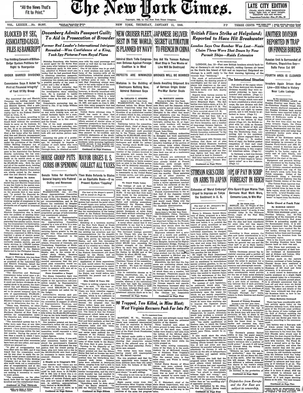 Thursday, January 11, 1940 – The New York Times Front Page
