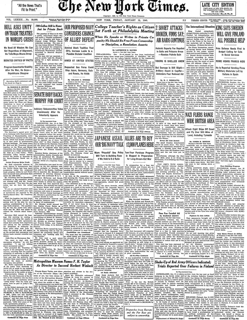 Friday, January 12, 1940 – The New York Times Front Page