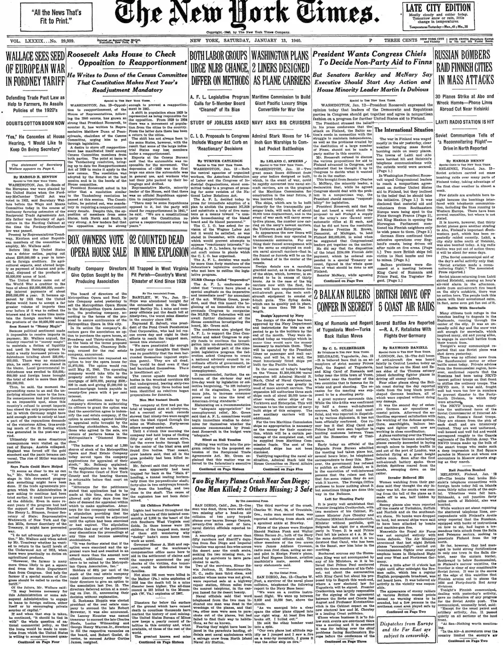 Saturday, January 13, 1940 – The New York Times Front Page
