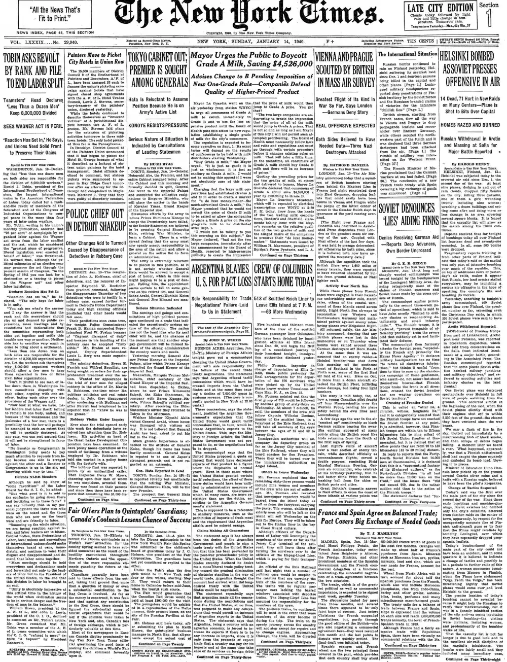 Sunday, January 14, 1940 – The New York Times Front Page