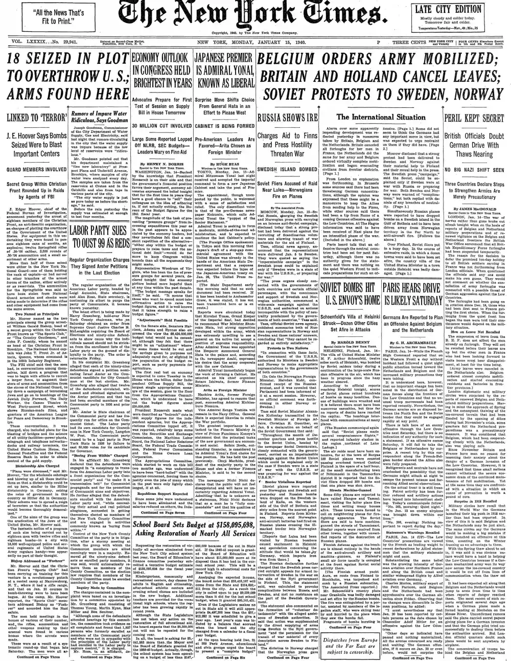 Monday, January 15, 1940 – The New York Times Front Page