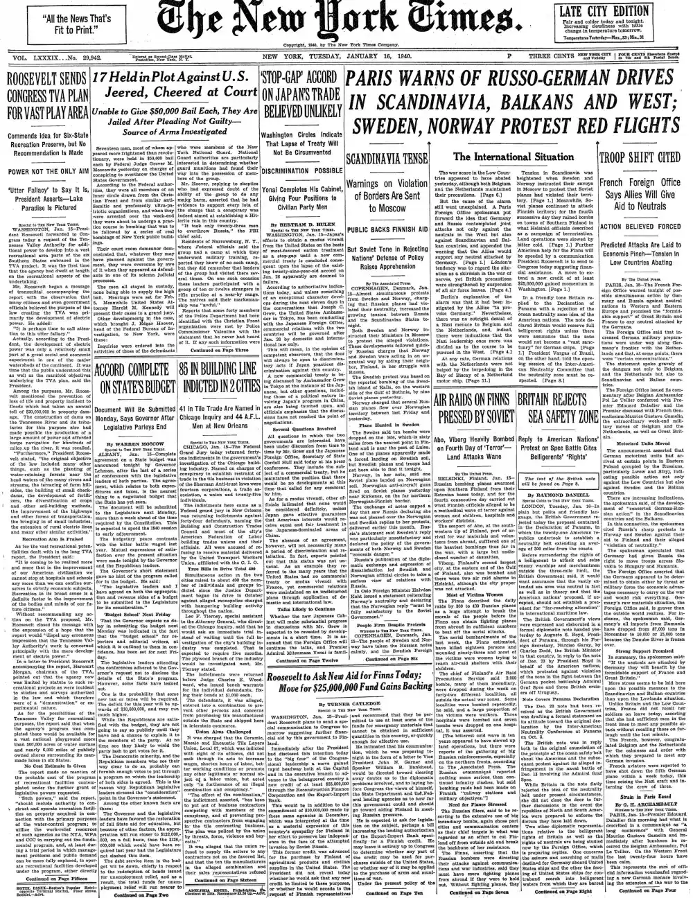 Tuesday, January 16, 1940 – The New York Times Front Page