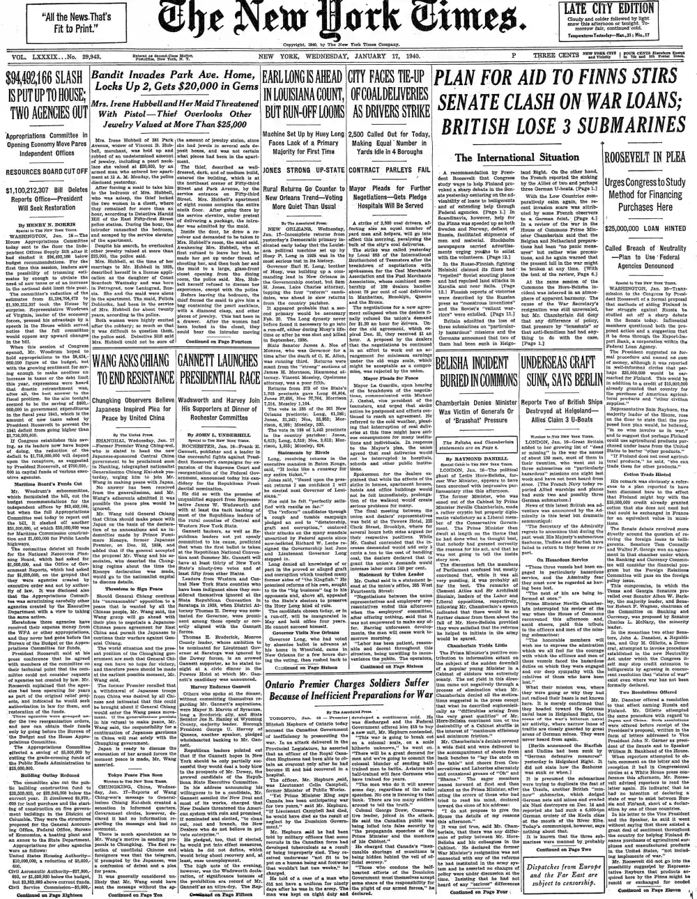 Wednesday, January 17, 1940 – The New York Times Front Page