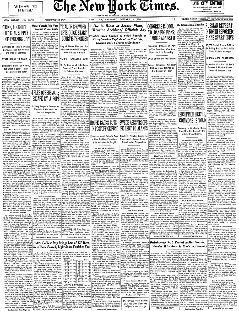 Thursday, January 18, 1940 – The New York Times Front Page