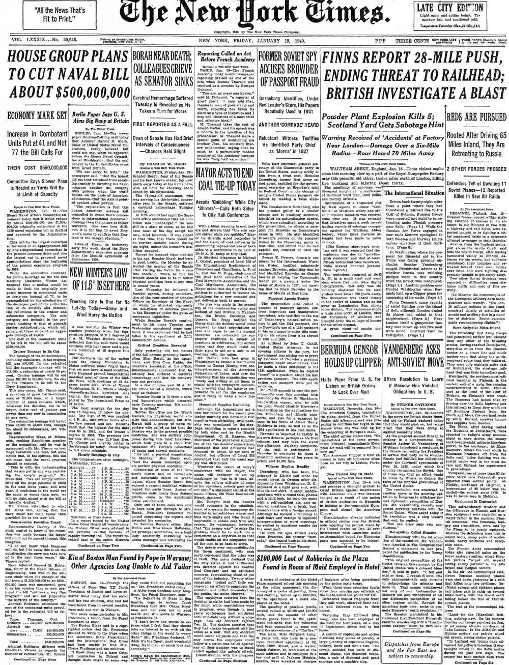 Friday, January 19, 1940 – The New York Times Front Page