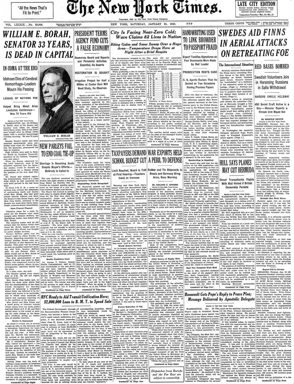 Saturday, January 20, 1940 – The New York Times Front Page