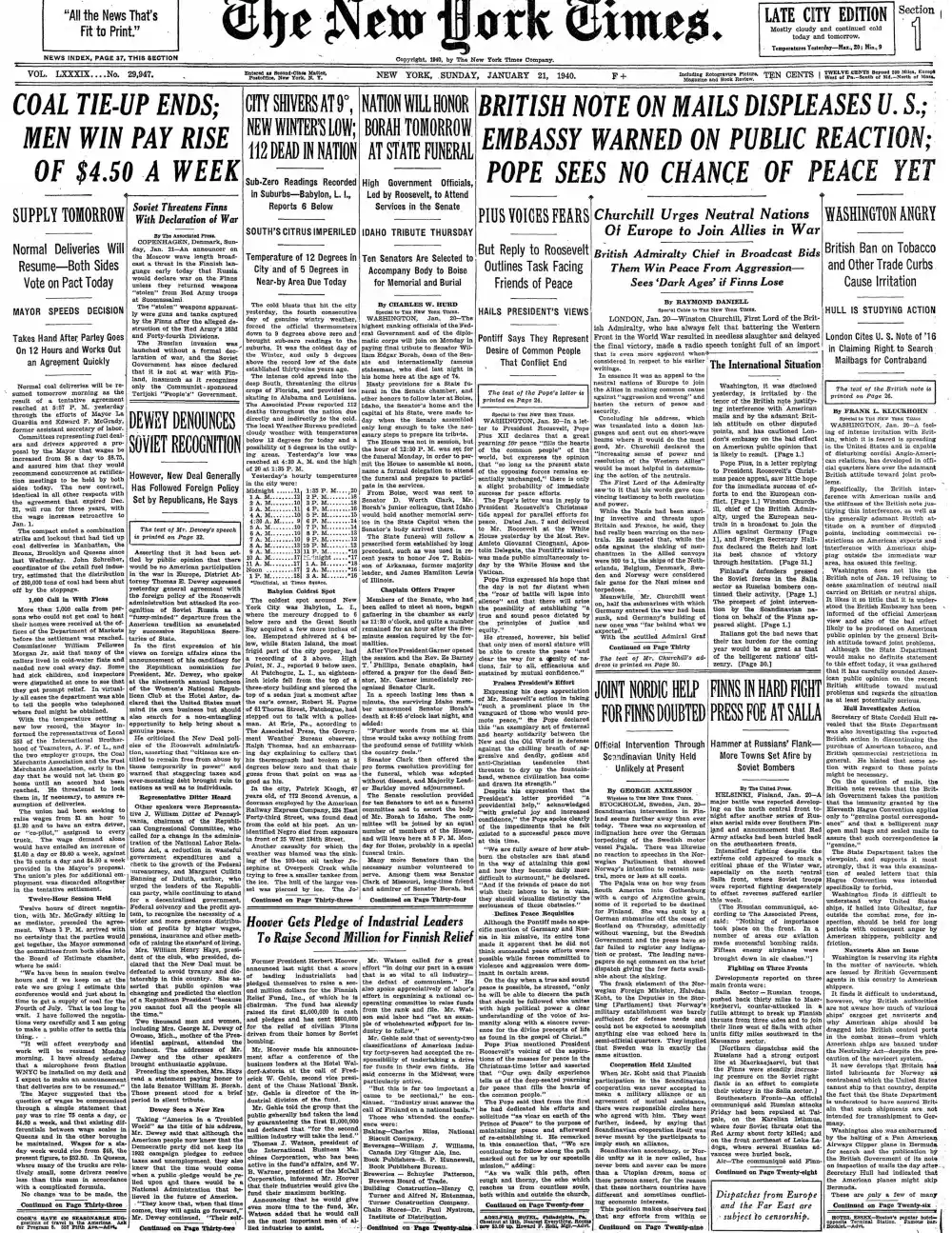 Sunday, January 21, 1940 – The New York Times Front Page