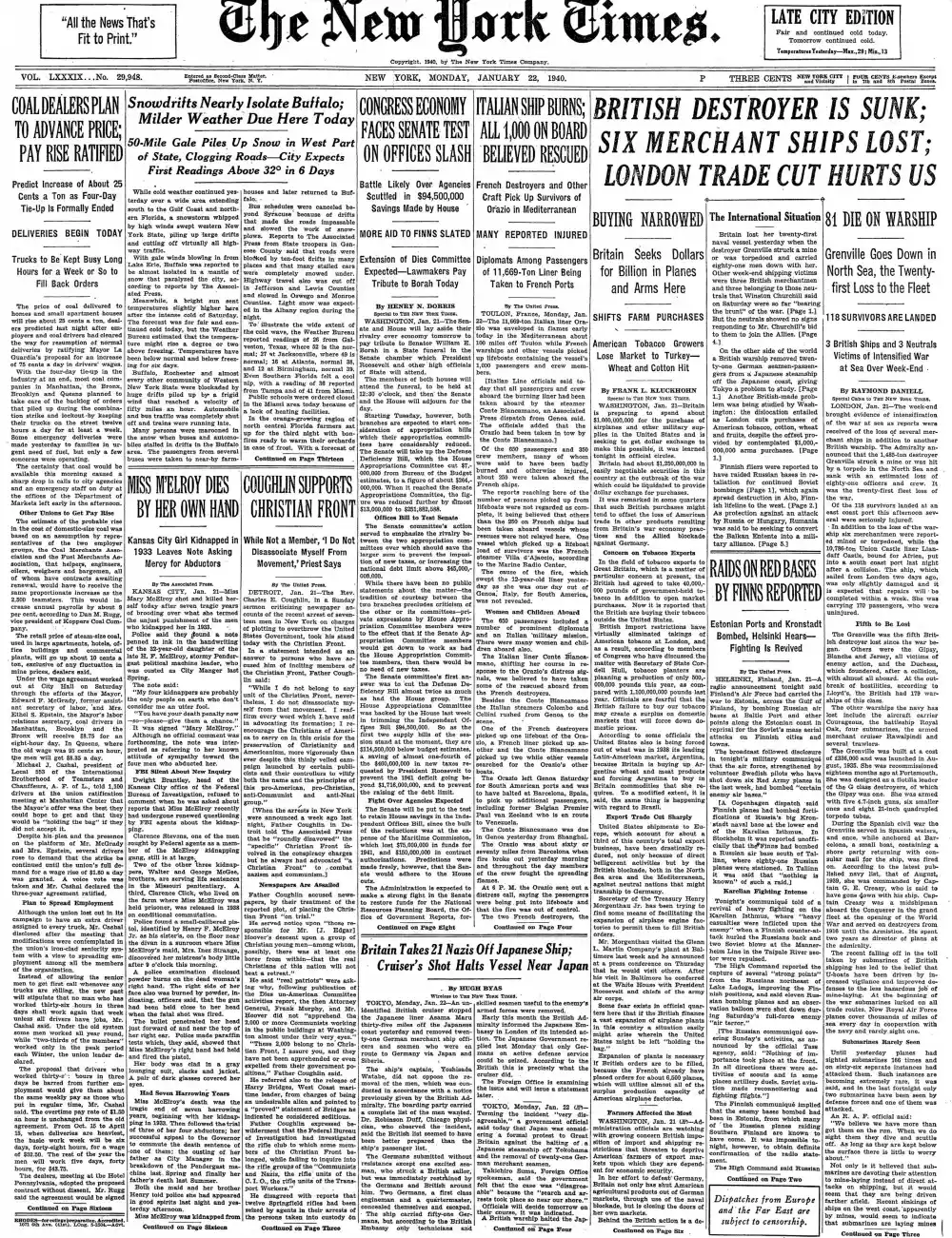 Monday, January 22, 1940 – The New York Times Front Page