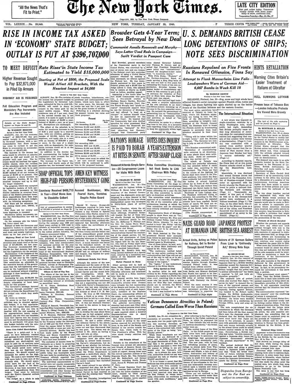 Tuesday, January 23, 1940 – The New York Times Front Page