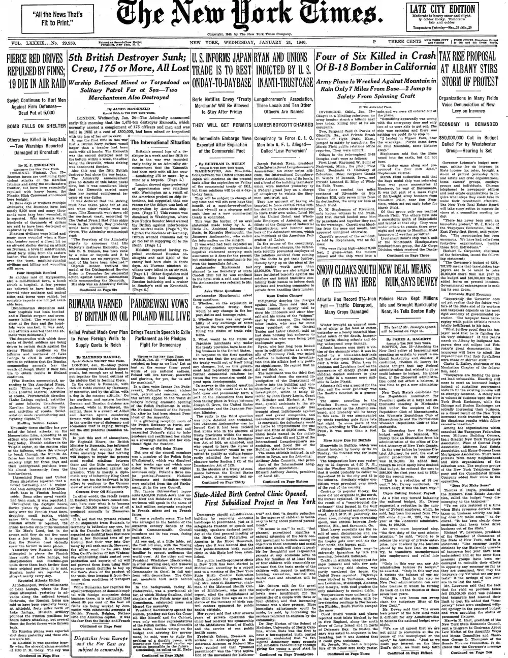 Wednesday, January 24, 1940 – The New York Times Front Page