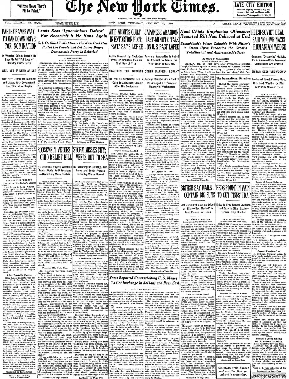 Thursday, January 25, 1940 – The New York Times Front Page