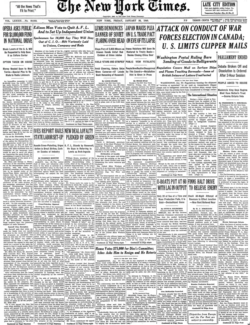 Friday, January 26, 1940 – The New York Times Front Page
