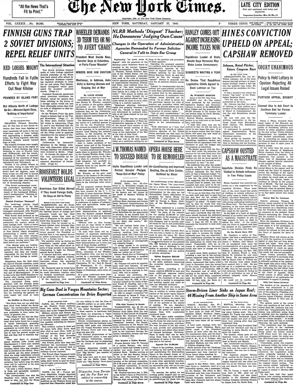 Saturday, January 27, 1940 – The New York Times Front Page