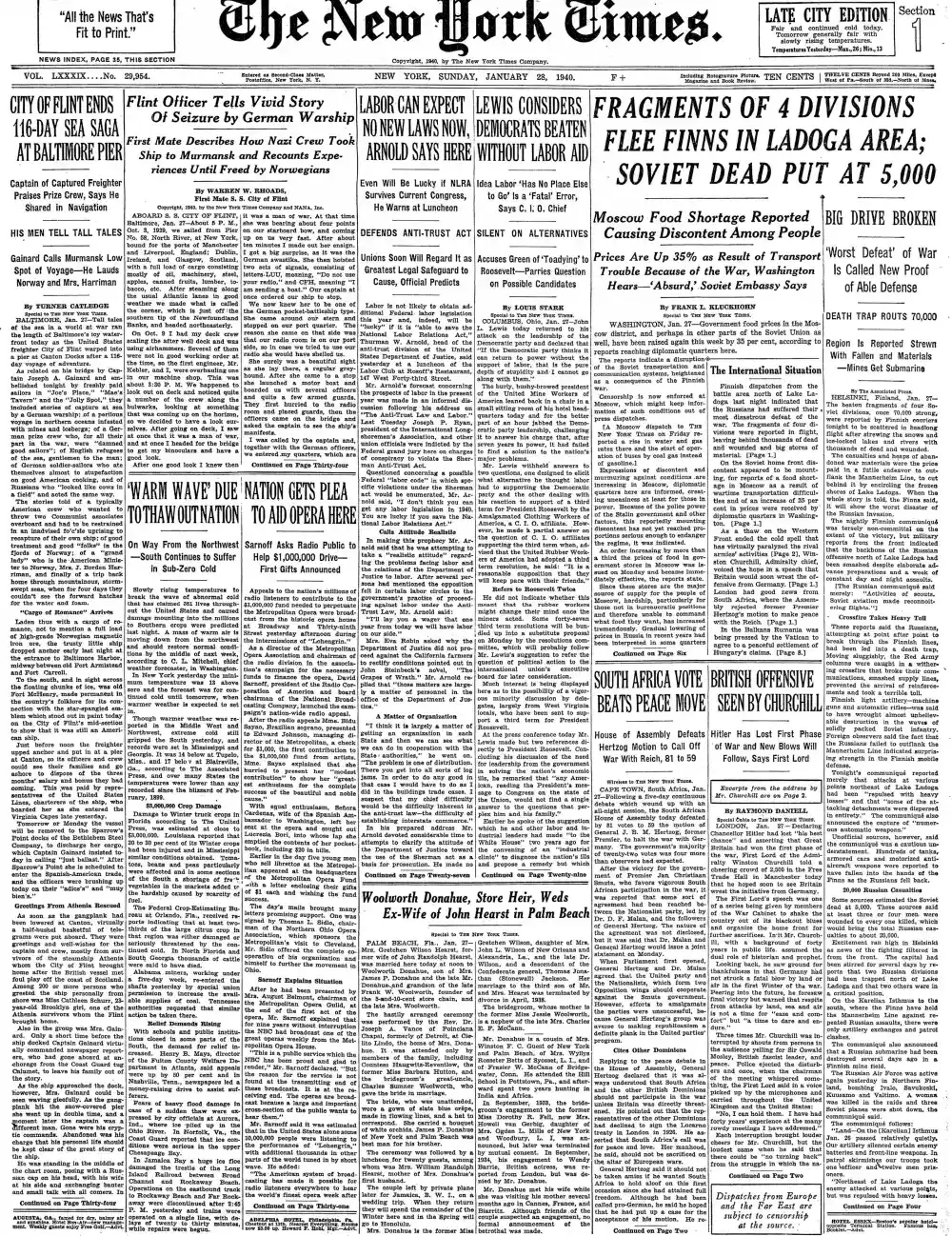 Sunday, January 28, 1940 – The New York Times Front Page