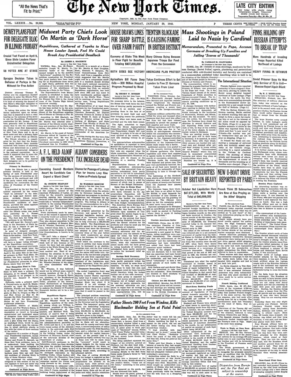 Monday, January 29, 1940 – The New York Times Front Page