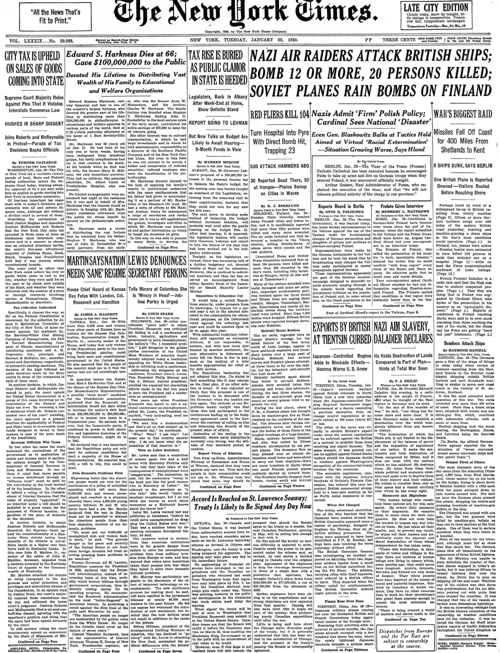 Tuesday, January 30, 1940 – The New York Times Front Page