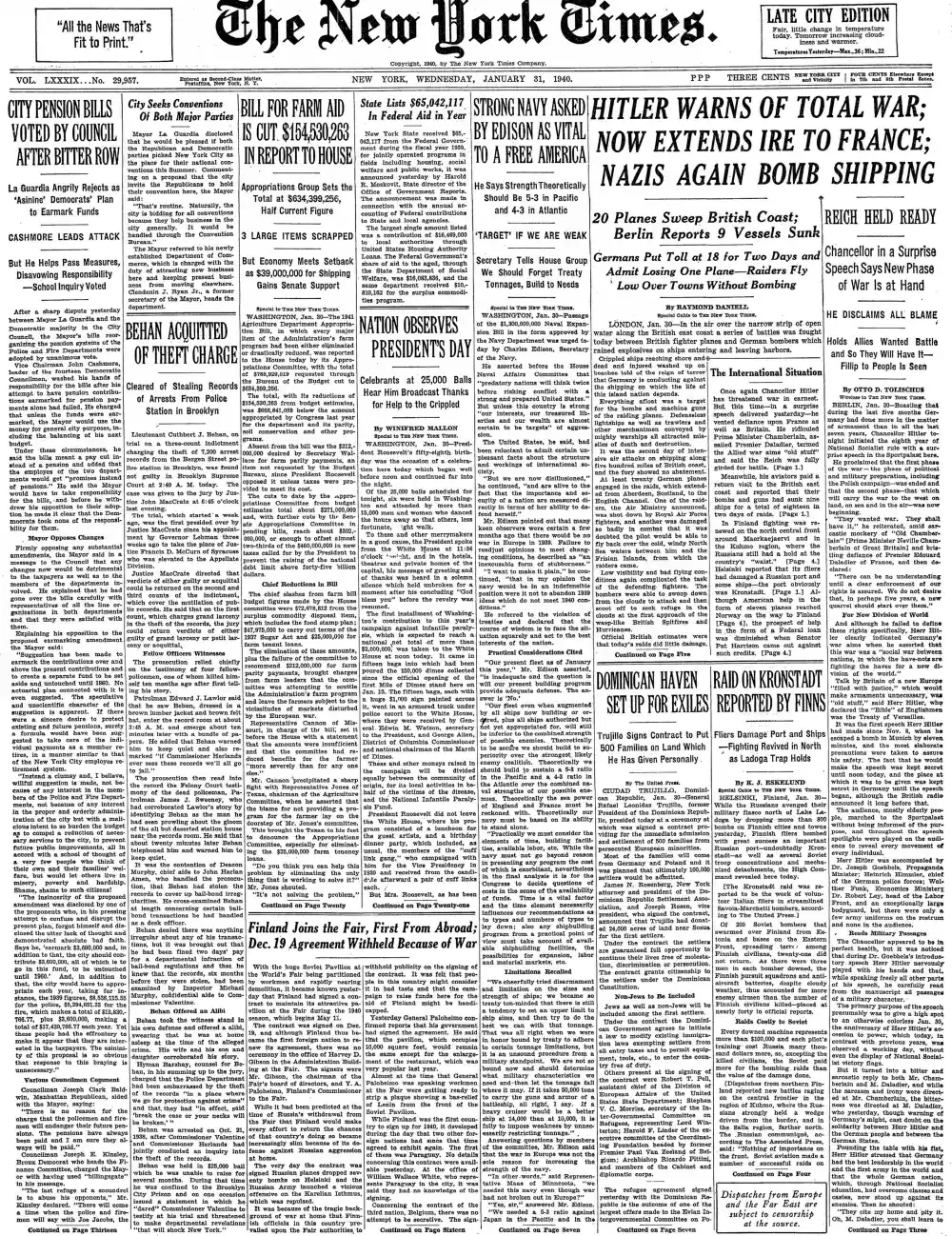 Wednesday, January 31, 1940 – The New York Times Front Page