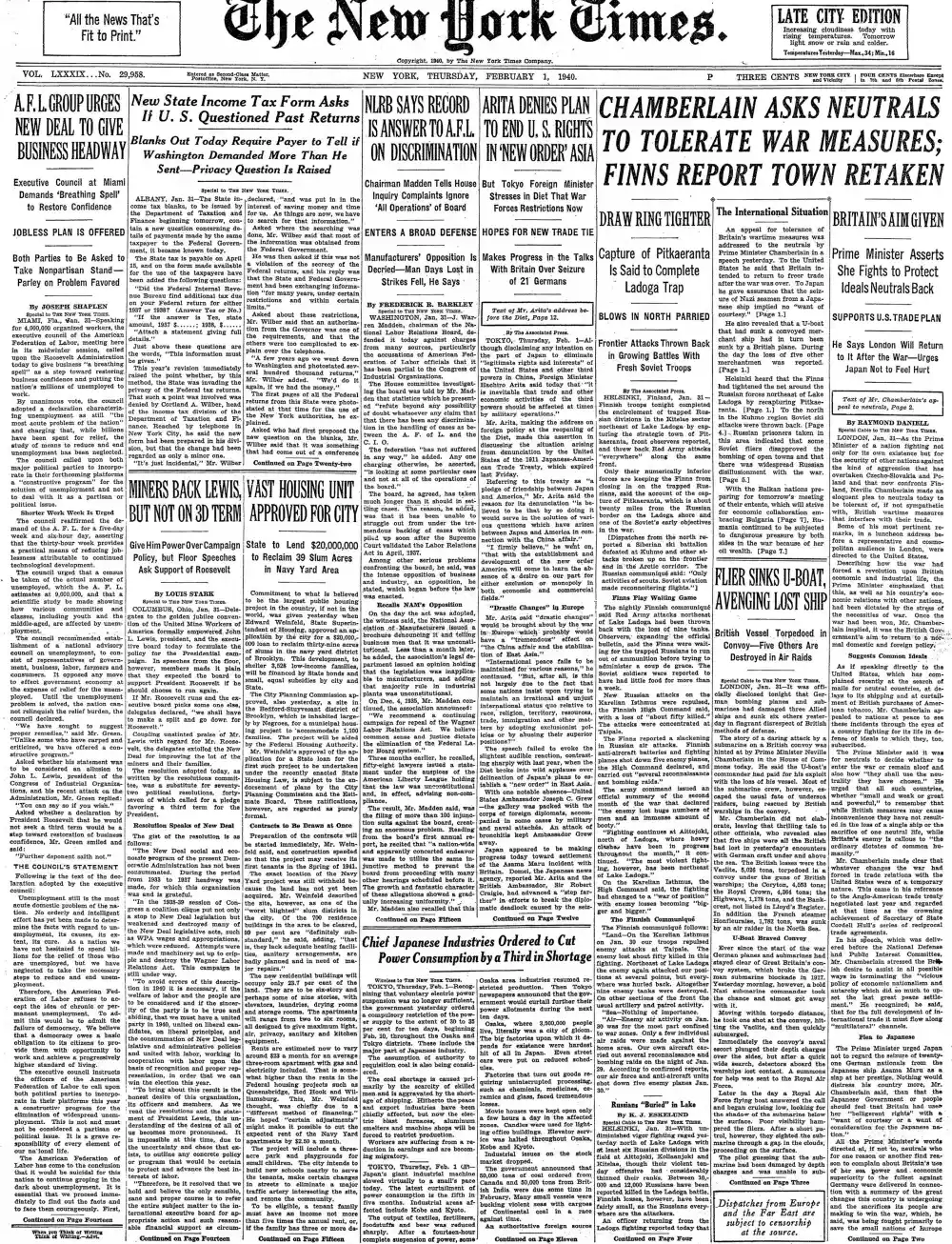 Thursday, February 1, 1940 – The New York Times Front Page