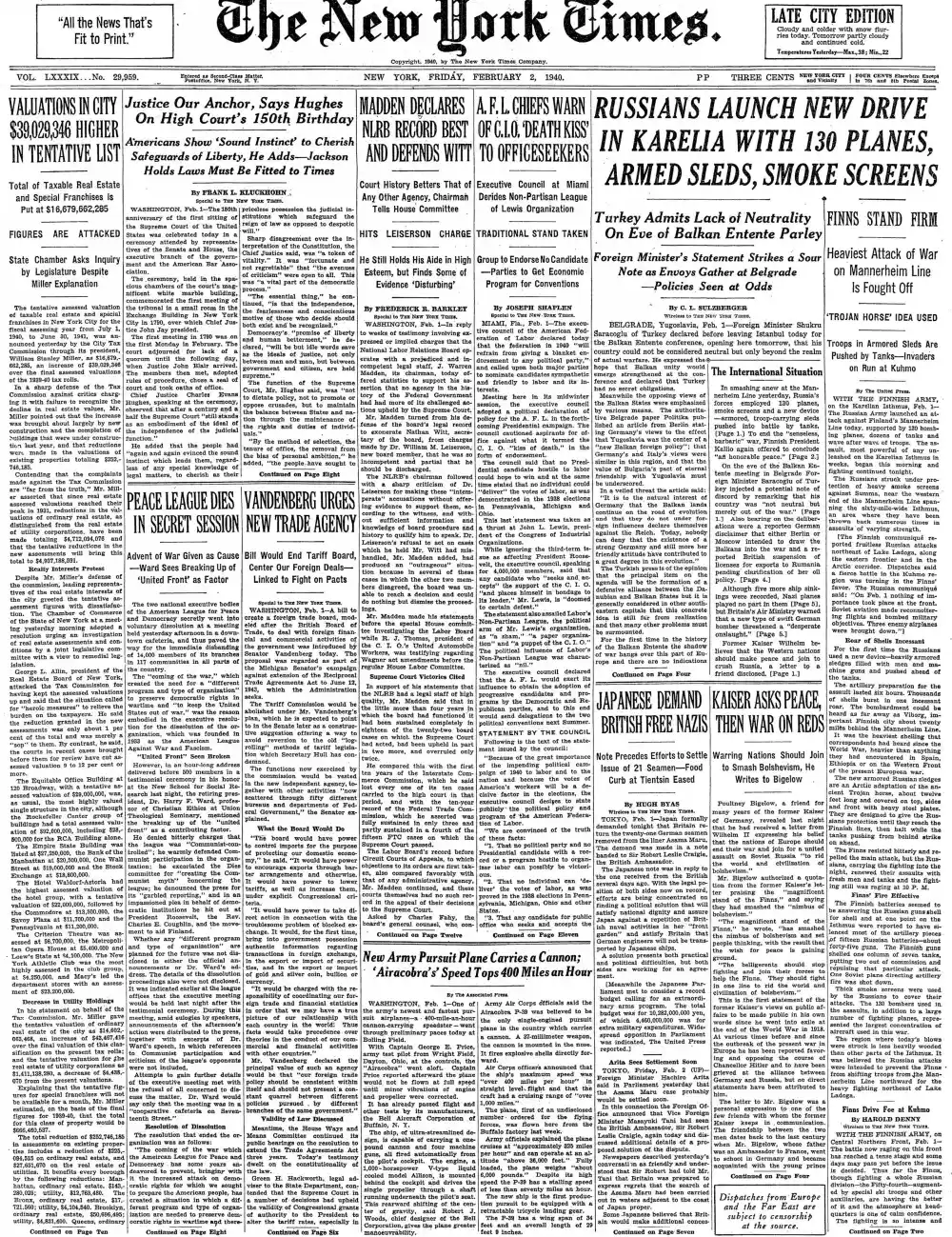 Friday, February 2, 1940 – The New York Times Front Page
