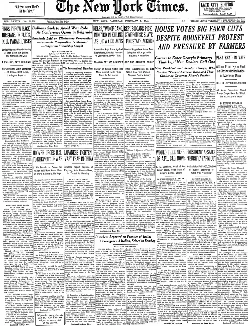 Saturday, February 3, 1940 – The New York Times Front Page