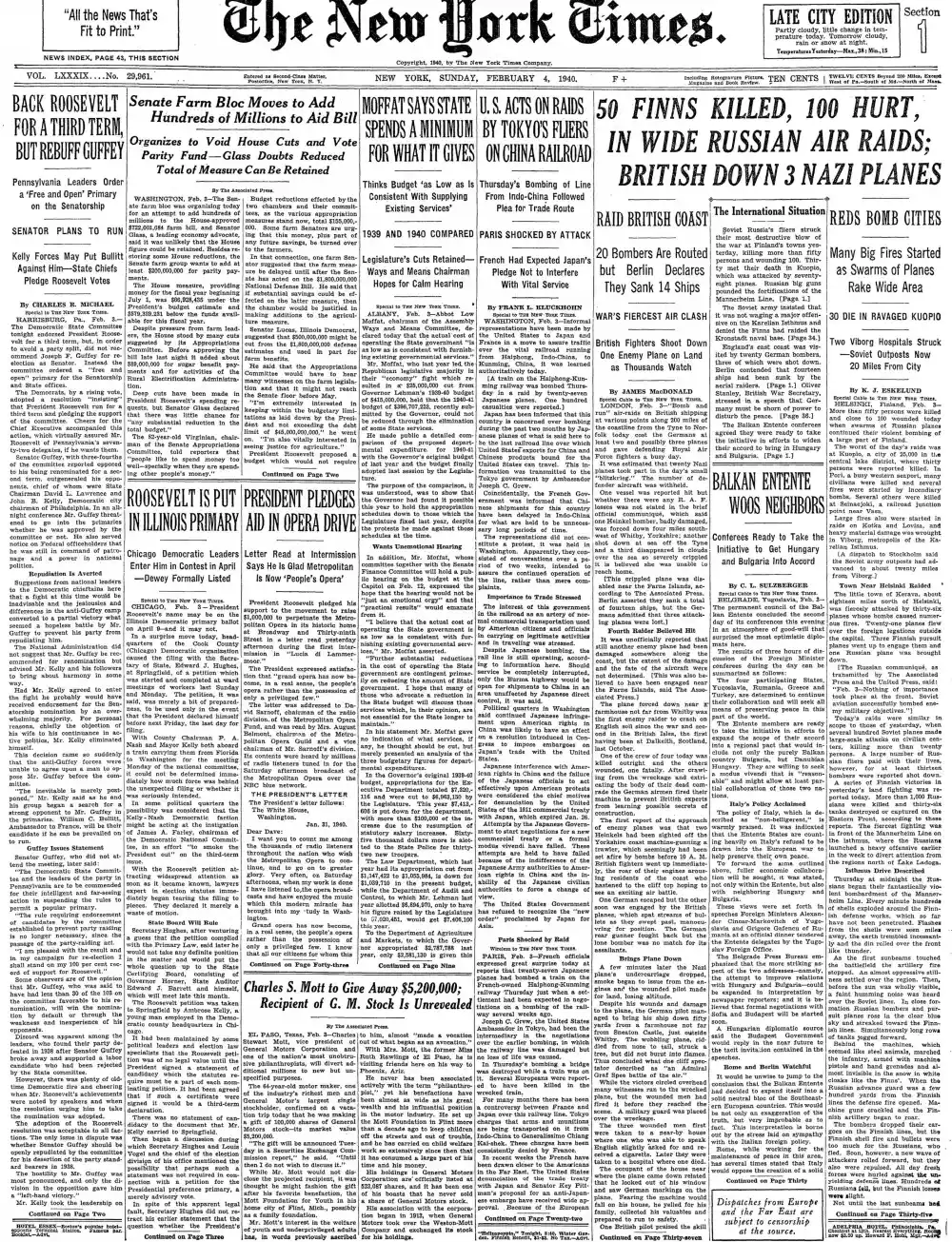 Sunday, February 4, 1940 – The New York Times Front Page