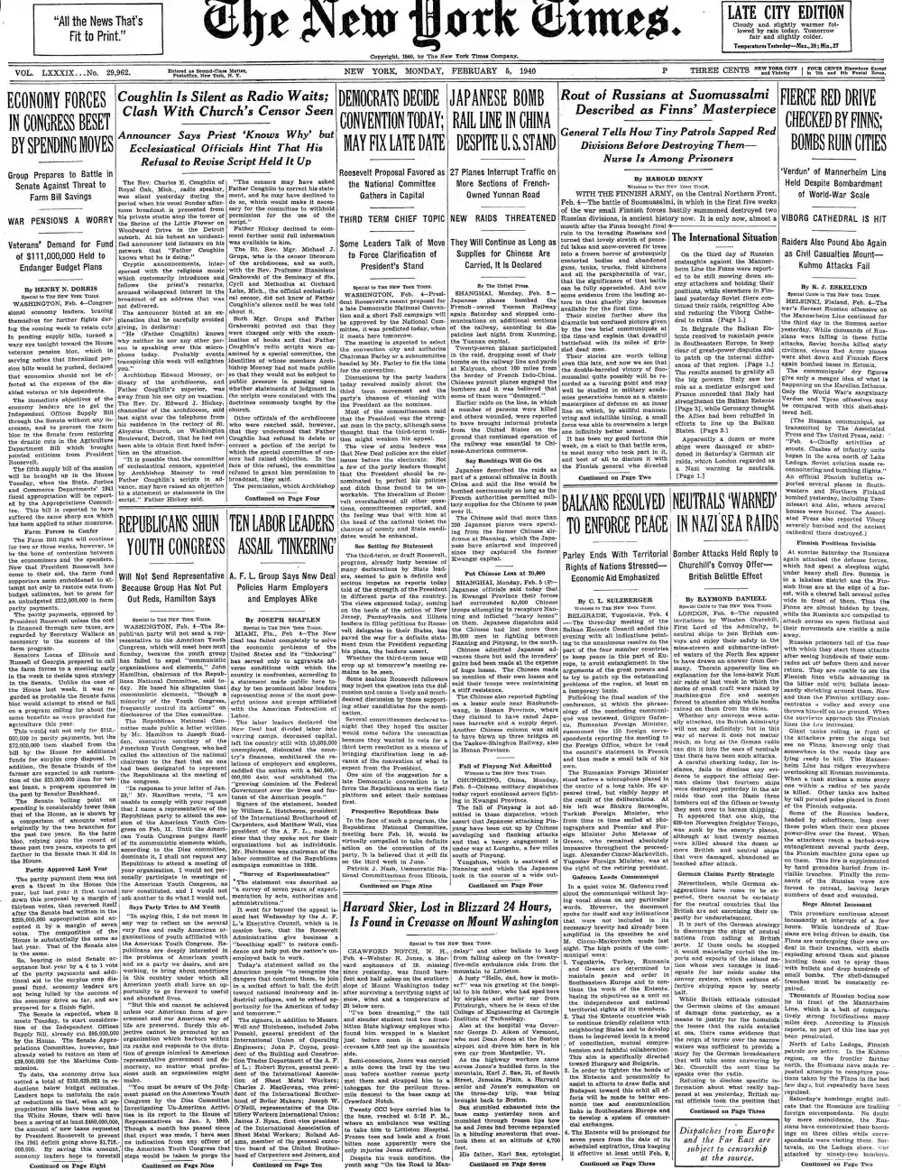 Monday, February 5, 1940 – The New York Times Front Page
