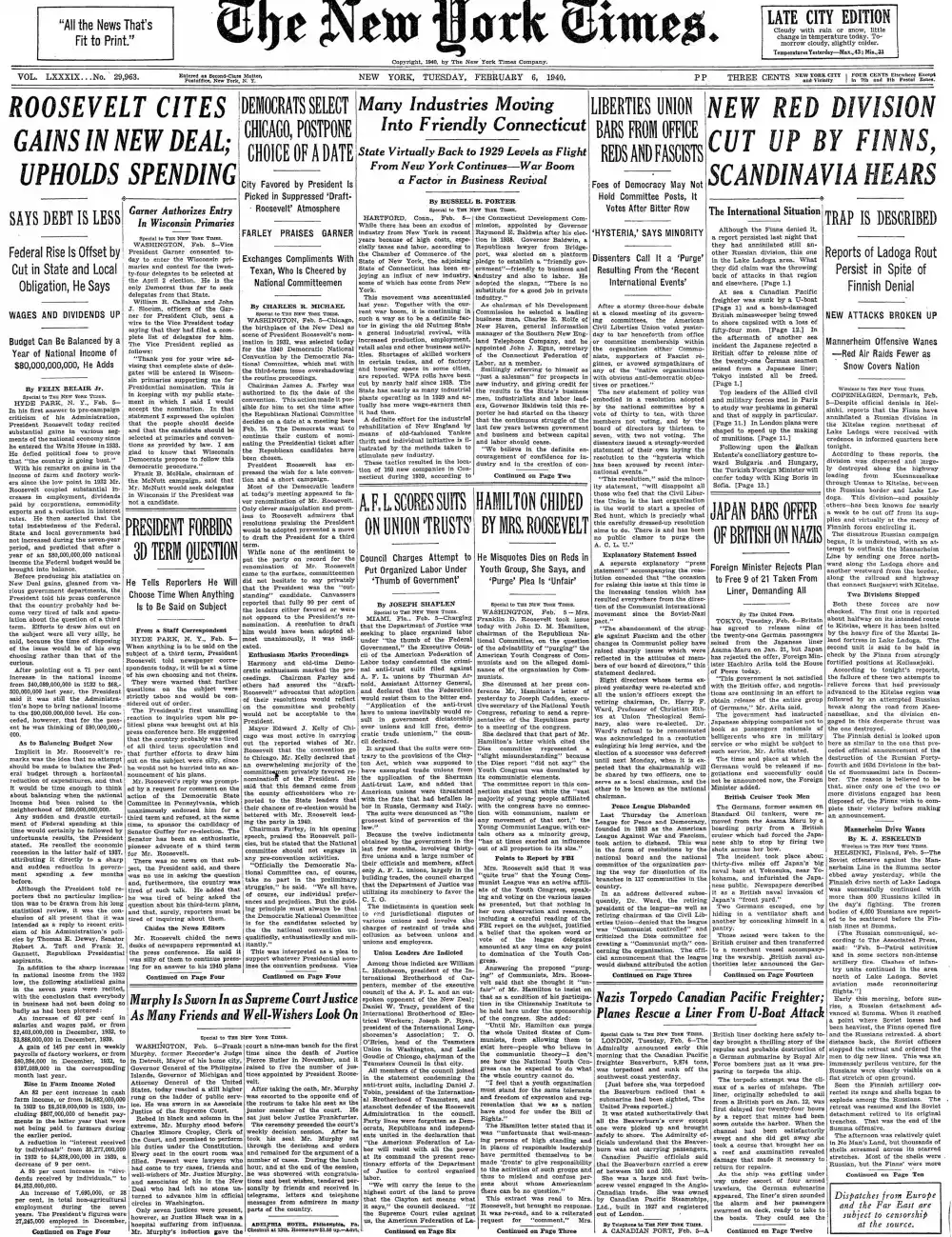 Tuesday, February 6, 1940 – The New York Times Front Page